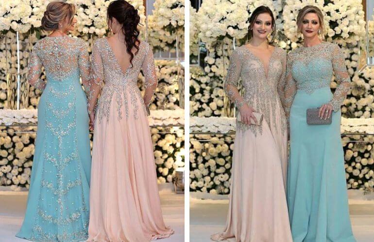 Qual é a cor do vestido da mãe do noivo?